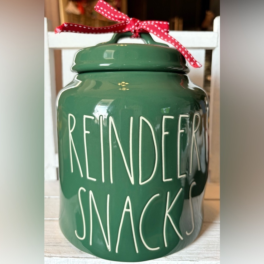 Rae Dunn Green Reindeer Snacks Canister with Red Ribbon